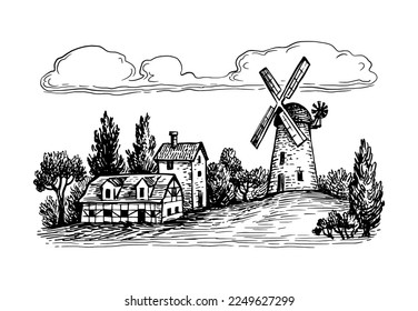 Landscape with old tower mill. Hand drawn ink sketch.