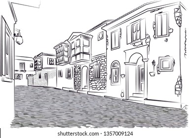 landscape of the old Turkey house. Old house in hand drawn style on white background.