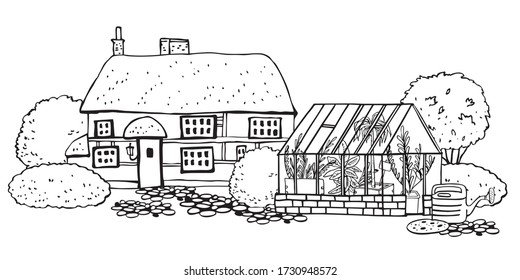 Landscape with old village house, greenhouse and garden. Hand drawn outline vector sketch illustration