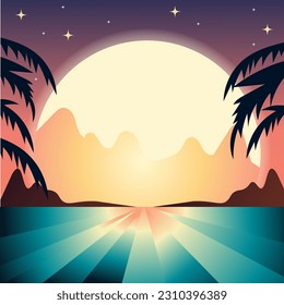 landscape on another planet sun order sunrise mountains palm trees vector night and stars landscape