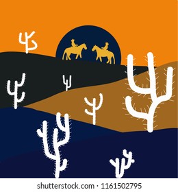 Landscape on blue, orange and brown colors. Desert landscape with cactus silhouette in vector graphic.