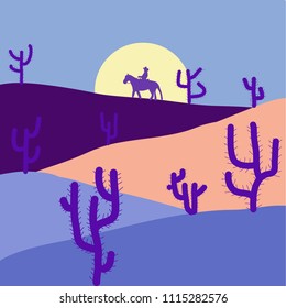 Landscape on blue, violet and beige colors. Sunset on a background of a mountain landscape. Cartoon flat game graphic. Background of landscape with desert, cactus, rocks, hills, mountains.