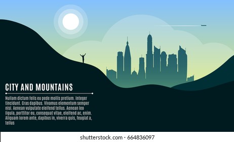 Landscape on the hilly mountains and the big morning city. A happy traveler waving his hands. A place for your projects. Vector illustration in a flat style. EPS 10