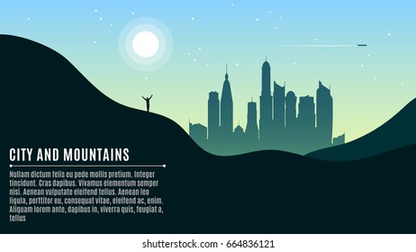 Landscape on the hilly mountains and the big morning city. The traveler waves his hands. A place for your projects. Vector illustration in a flat style. EPS 10