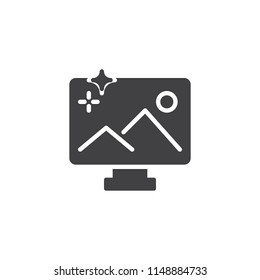 Landscape on monitor vector icon. filled flat sign for mobile concept and web design. TV with the picture simple solid icon. Symbol, logo illustration. Pixel perfect vector graphics
