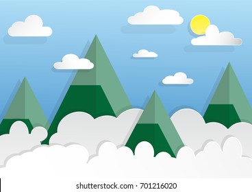 Landscape on the mountain and cloud on sky paper art