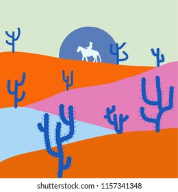 Landscape on orange, neutral and blue colors. Desert landscape with cactus silhouette in vector graphic.