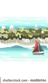 The landscape. On the river floats sailing ship with red and blue sails . On the shore of the beach ,followed by forest and mountains with snowy peaks.