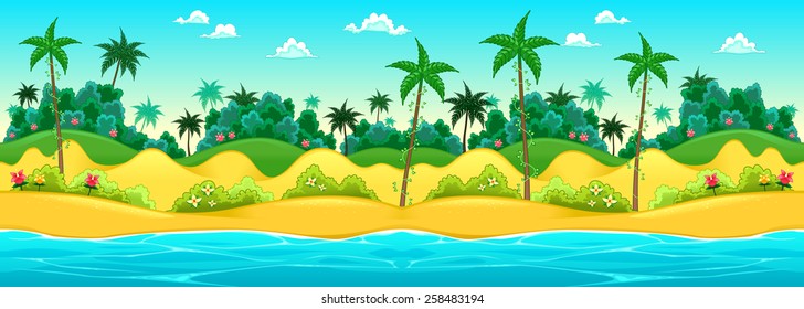 Landscape on the seashore. Vector cartoon illustration, the sides repeat seamlessly for a possible, continuous animation.