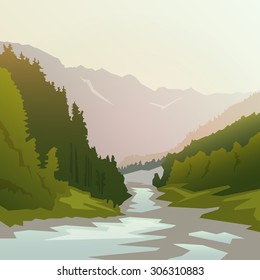 Landscape on themes: nature of Canada, survival in the wild, camping, trip. Vector illustration.