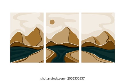 Landscape on three posters. A picture of a river, mountains, sun, clouds. Flat boho style, set. Minimalism.
