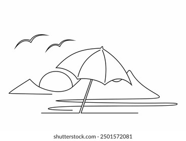 Landscape, one stroke drawing, mountain, lake, sun and birds, vector illustration, line art