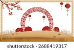 Landscape with oriental gate lanterns cherry blossom and golden grass