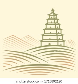 Landscape with oriental many-tiered tower - pagoda