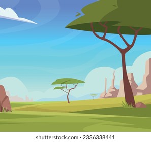 Landscape outdoor background with green trees mountains and cloudy sky. Vector illustration