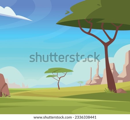 Landscape outdoor background with green trees mountains and cloudy sky. Vector illustration