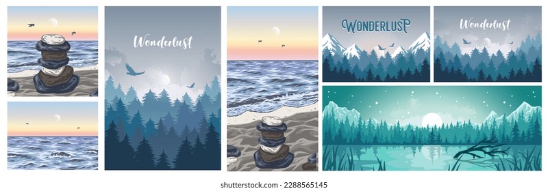 Landscape outdoor background setwith mountain, forest and sky. Nature terrain for design. Beautiful adventure, wanderlust or explorer outdoor