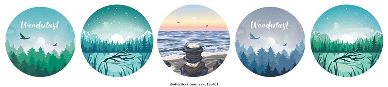 Landscape outdoor background setwith mountain, forest and lake, sky. Nature terrain for design. Beautiful adventure, wanderlust or explorer outdoor
