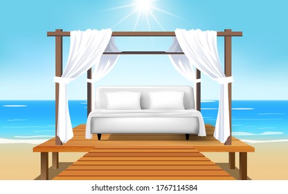 Landscape Outdoor Cabana Bed On The Beach In Day Time