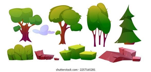 Landscape Outdoor Environment Element with Tree, Bush, Cloud and Stone Vector Set