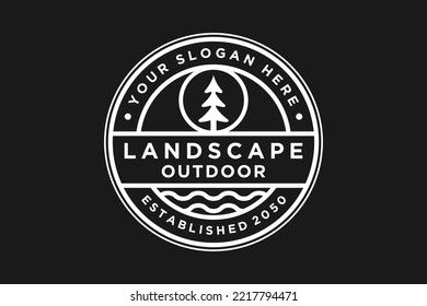 Landschaftsbild Logo Design Pine Baum Symbol abgerundete Form Typografie Linie Stil