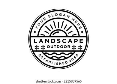 Landscape outdoor logo design sunrise pine tree icon symbol rounded shape typography line style