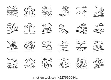 landscape outline doodle icon set