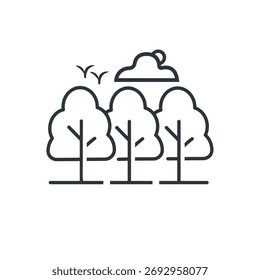 landscape outline icon. linear style sign for mobile concept and web design. Trees clouds and flying birds in the sky simple line vector icon. Symbol, logo illustration