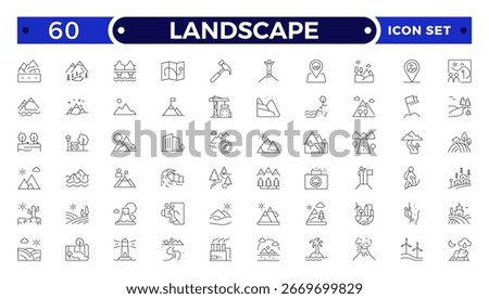 Landscape outline icon set. Park modern icon set. Contains such symbols as cape, land, building, field, mountain, garden, park and more.

