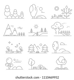 Landscape outline. Mono line symbols of trees and outdoor parks. Sketch nature tree and valley. Vector illustration