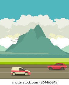 Landscape outside the city, the traffic on the highway in the background mountains