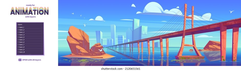 Landscape with overpass road above river, city buildings on skyline and stones in water. Vector parallax background ready for 2d animation with cartoon illustration of lake, town and bridge