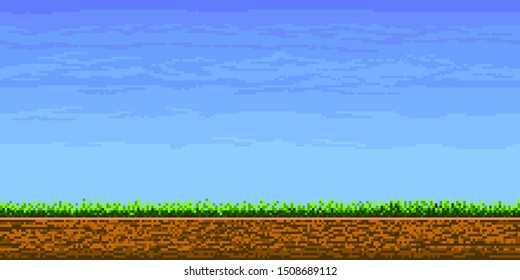 Landscape page of pixel game, cloudy sky, underground and grass, Pixeleted background for video-game or app 8bit game