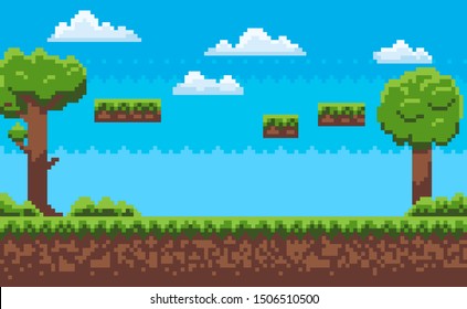 Landscape page of pixel game, green trees and bushes, cloudy sky, underground and grass, road with steps, adventure platform, nobody poster vector. Pixeleted background for video-game or app 8bit game