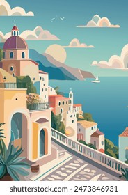 El paisaje pintado en la ilustración se refiere a un paisaje de estilo de la costa de Amalfi en Italia, en tonos suaves y colores pastel con un estilo abstracto de pintura de acuarela