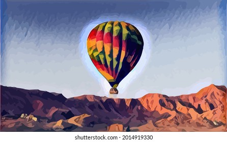 landscape painting colorful in hot air balloon on mountain and blue sky cloud and meadow with wallpaper or postcard paint background Very Cool 