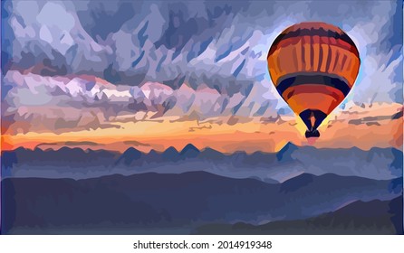 landscape painting colorful in hot air balloon on mountain and blue sky cloud and meadow with wallpaper or postcard paint background Very Cool 