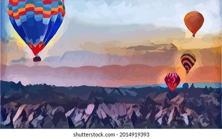 landscape painting colorful in hot air balloon on mountain and blue sky cloud and meadow with wallpaper or postcard paint background Very Cool 