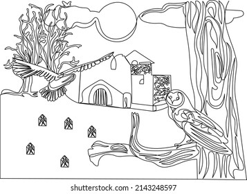 Landscape painting one line art, one line drawing scenery