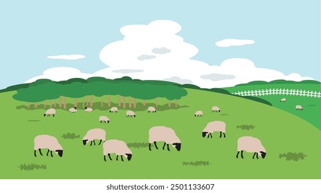 Landscape painting of Suffolk sheep grazing on a farm