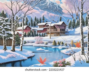 Landscape painting of winter, houses, rivers, trees and mountains behind. Beautiful illustration of winter landscape. Stock Vector.
