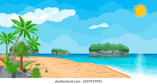 Landscape of palm tree on beach. Sun with reflection in water and clouds. Day in tropical place. Vector illustration in flat style