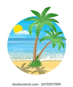 Landscape of palm tree on beach. Sun with reflection in water and clouds. Day in tropical place. Vector illustration in flat style