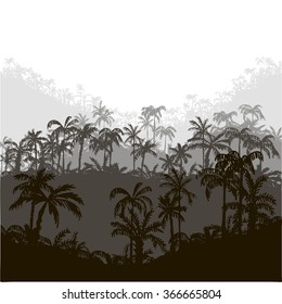 landscape with palm trees, abstract tropical background, hand drawn vector illustration