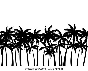 Landscape with palm trees. Black silhouettes of palm trees on a white background. Design for poster, travel banner. Vector illustration