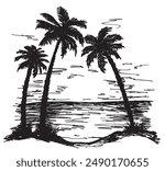 Landscape with palm trees by the sea. Summer beach sketch drawing. Summer beach Hand drawn sketch. Summer vacation, vacation, travel concept.