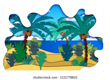 landscape with palm trees, coast, paper cutting, vector illustration