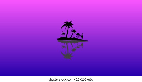 Landscape with palm trees and flamingos. Vector illustration. Hand drawn silhouette.