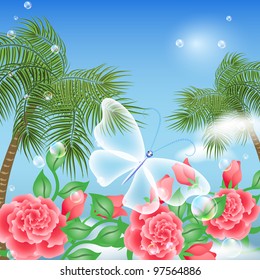 Landscape with palm trees, flowers and transparent butterfly