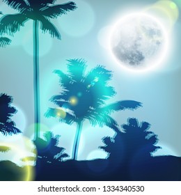 Landscape with palm trees and full moon at night